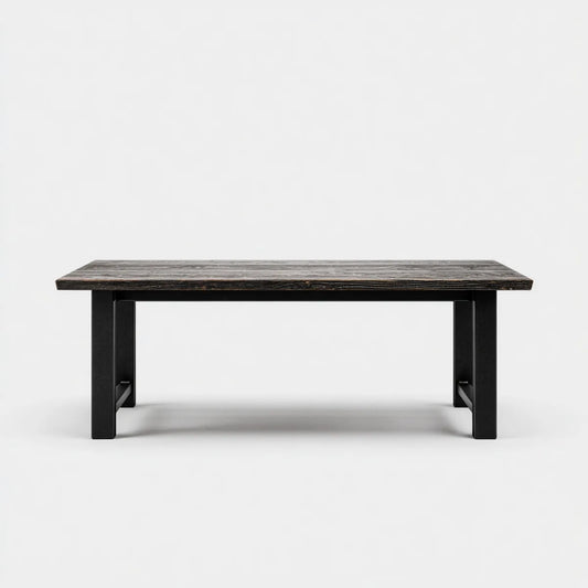 Stół do jadalni, Ciemnobrązowy prostokątny stół jadalny i czarny 180 x 90 x 75 cm lity drewniany top ze stalową podstawą