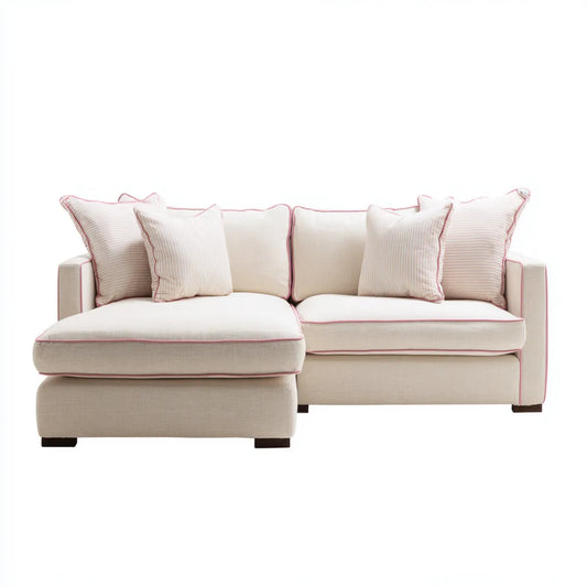 Sofa, 3 miejsca śmietana i różowa kanapa w lewym rogu 230 x 160 x 86 cm w kształcie poliestru L